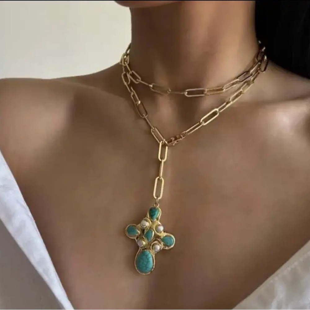Gold and Turquoise Pendant Necklace
